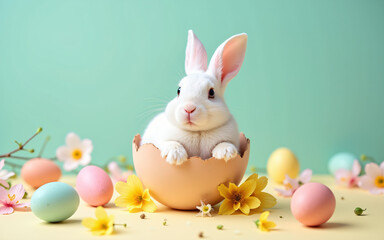 Fototapeta premium A fluffy white rabbit sits in a cracked eggshell amidst pastel Easter eggs and delicate flowers. A spring festive decoration.