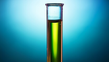 A single test tube with two liquids meeting at a sharp interface, blending into a smooth gradient transition of colors, softly illuminated for a scientific yet artistic look.