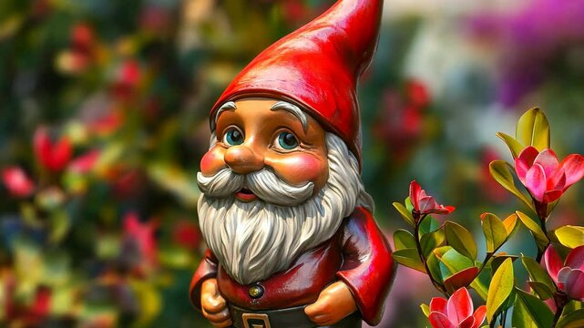 Charming garden gnome stands among vibrant flowers in a sunny outdoor setting
