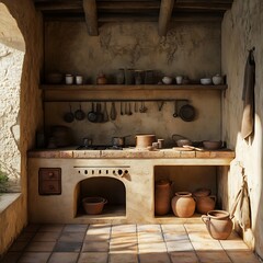 Rustic Mediterranean Kitchen with Stone Walls and Clay Pots