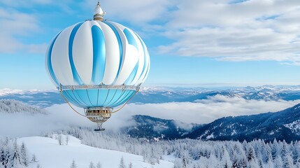Elegant Blue and White Hot Air Balloon Soaring Over Snowy Mountain Range Winter Landscape