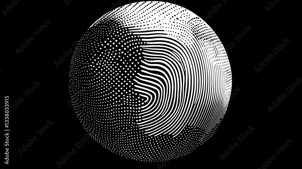 Fototapete abstract spherical design with halftone and line patterns in black and white
