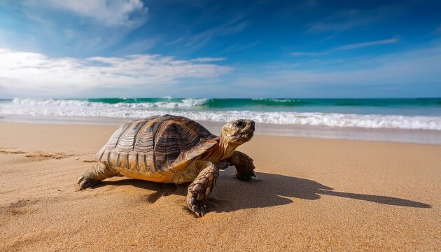 A tortoise with a beautifully textured shell slowly making its way across a golden sandy beach, warm sunlight highlighting patterns on its shell and soft sand details.
