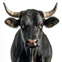 Naklejka premium A muscular bull in high-contrast studio lighting, isolated on white, close-up portrait 