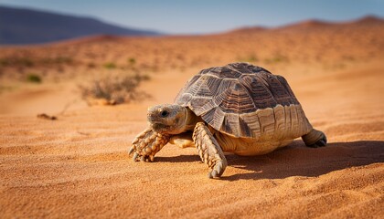 Obraz premium A tortoise with a weathered, cracked shell slowly making its way across the dry, sandy desert, warm sun casting long shadows on the textured ground.
