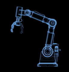 X-ray or transparent ai robotic gripper arm isolated on black