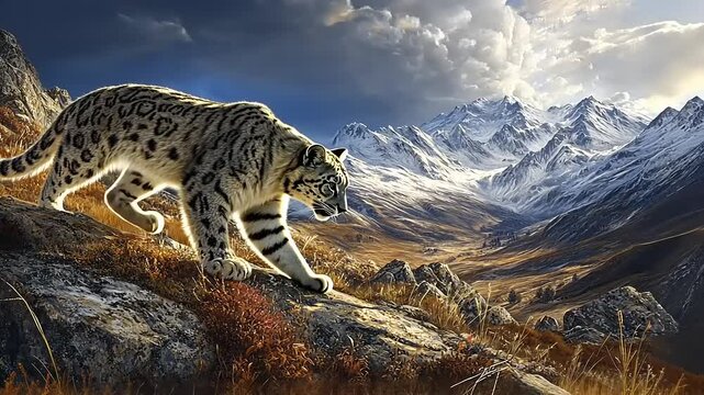 Majestic snow leopard prowling through a mountainous landscape under a dramatic sky at dusk