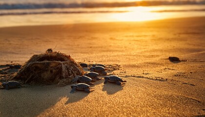 Obraz premium A turtle nest on a sandy beach, baby turtles hatching and crawling toward the ocean under soft golden light, natural and serene atmosphere.