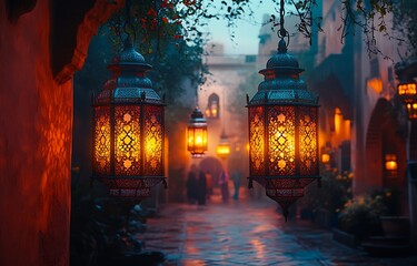 Obraz premium Lanterns Lighting a Misty Alleyway with Golden Glow
