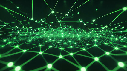 Obraz premium A futuristic neon green abstract digital background with interconnected dots and luminous lines forming a high-tech AI network. 