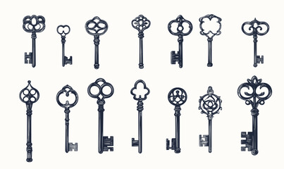 Victorian and Gothic Vintage Key Collection Illustration in Minimalist Vector Style
