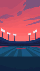 Twilight Baseball Stadium with Illuminated Floodlights in Minimalist Vector Art