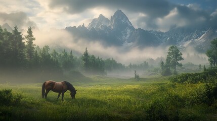 Obraz premium A peaceful countryside setting with a single horse grazing under an open sky, the towering mountains in the background softened by mist, capturing pure natural beauty 
