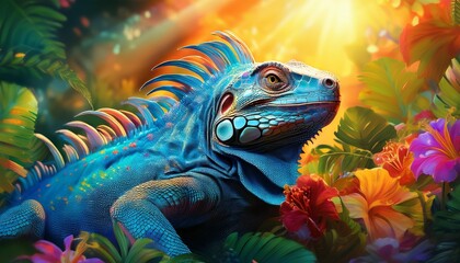 Fototapeta premium A vibrant blue iguana basking in a tropical garden, surrounded by lush greenery and bright, colorful flowers, sunlight highlighting its textured scales.