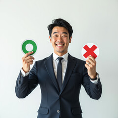 A smiling Asian man wearing a dark suit and white shirt stands against a plain white background. He is holding up two circular signs, one in each hand.
