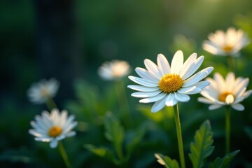 White and yellow daisies shining in the darkness, composition, vivid, contrast