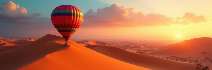 Obraz premium Colorful hot air balloon floats above dramatic Namibian sand dunes at daybreak , Africa travel, scenic
