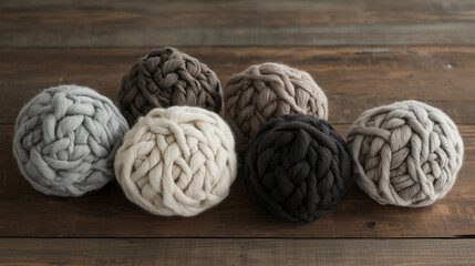Chunky wool yarn balls in earthy tones on rustic wooden background