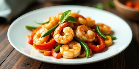 Colorful shrimp and veggie stir-fry on a white plate , plate, studio shot, background