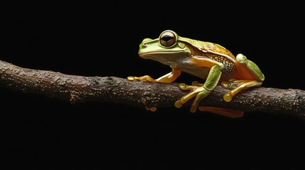 Fototapeta premium Vivid Green Tree Frog Resting on a Thin Branch in Close-Up View