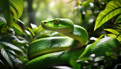 Obraz premium A vivid green snake winds through dense jungle foliage, its glistening scales catching dappled sunlight, blending seamlessly with vibrant leaves and vines.
