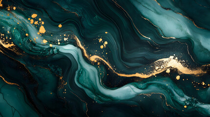 Abstract Green and Gold Marble Texture Background - Swirling Liquid Art