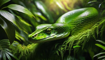 Fototapeta premium A vivid green snake winds through dense jungle foliage, its glistening scales catching dappled sunlight, blending seamlessly with vibrant leaves and vines.