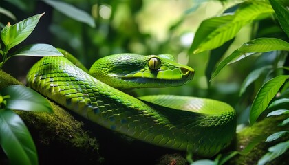 Fototapeta premium A vivid green snake winds through dense jungle foliage, its glistening scales catching dappled sunlight, blending seamlessly with vibrant leaves and vines.