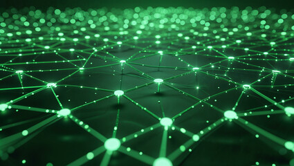 Obraz premium A glowing emerald green abstract background with interconnected dots and lines, forming a complex plexus network. 