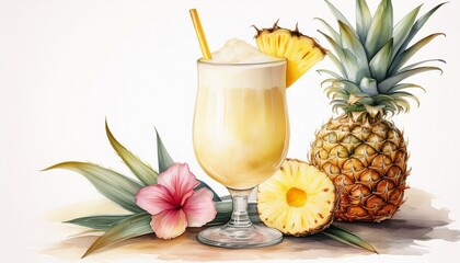 A watercolor-style illustration of a piña colada in a tall glass, garnished with a pineapple slice and a tiny flower, soft brush textures, tropical and refreshing feel.
