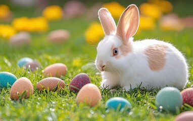 Fototapeta premium A white rabbit sits in the grass surrounded by colorful Easter eggs.