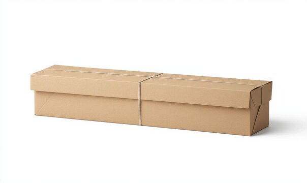 Long cardboard box tied with string on white background for shipping