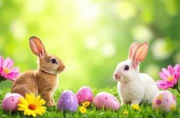 Obraz premium Image of Easter bunnies in the grass with colorful eggs and flowers on the background of a green lawn