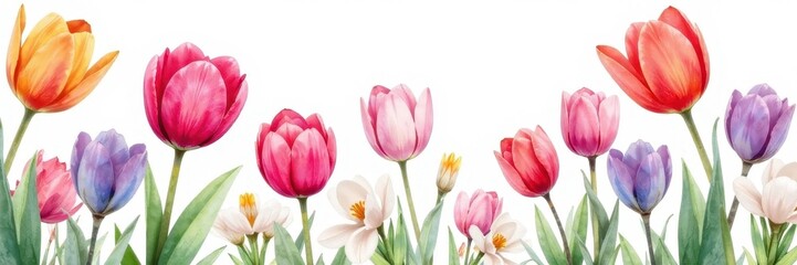Naklejka premium Delicate watercolor tulips & crocuses, seamless spring floral pattern , delicate, vibrant, pretty