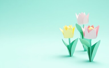 Three colorful paper flowers stand out against a vibrant blue background, celebrating Easter's beauty.