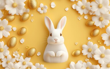 A white rabbit holds a golden egg against a vibrant yellow backdrop, symbolizing Easter joy.