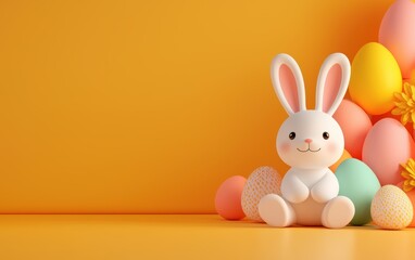 Obraz premium A small white bunny sits beside vibrant, colorful Easter eggs.