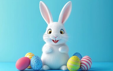 Fototapeta premium Cheerful white rabbit holds colorful eggs, celebrating the joy of Easter festivities.