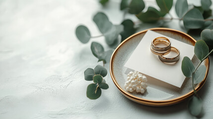 Naklejka premium Gold wedding rings on invitation with eucalyptus leaves