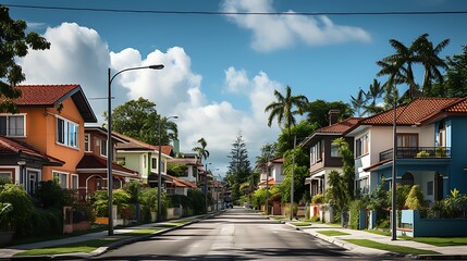 Tranquil Street Scene: Colorful Houses in Tropical Paradise