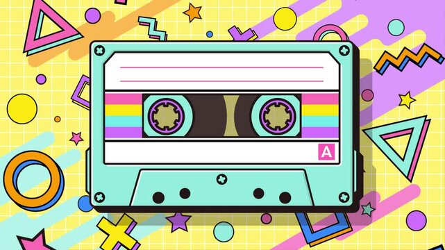 Footage: Moving Memphis style background and retro cassette tape loop animation video