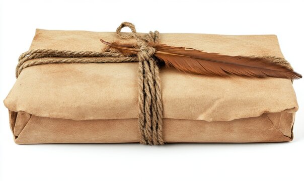 Old paper package tied with rope, feather quill, isolated on white, for vintage communication
