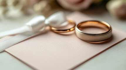 Wedding rings on pink invitation with ribbon decoration