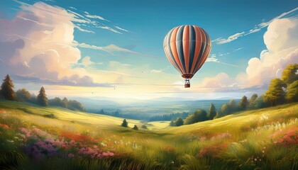 Obraz premium A whimsical soft-shaded digital painting of a colorful hot air balloon drifting above a sunlit summer meadow with flowers, dreamy and peaceful atmosphere.