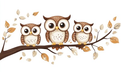Three Adorable Owls Perched Upon A Brown Tree Branch
