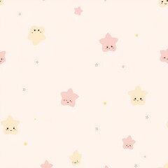 Kawaii seamless pattern with cute pink and white smiling stars, pastel aesthetic, perfect for baby shower, nursery decor, and fabric print