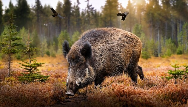 A wild boar with sharp tusks rooting through the soft earth of a taiga clearing, dense fur bristling under dappled light, surrounded by moss and pine shadows.