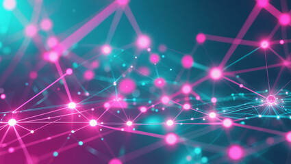 Obraz premium A striking turquoise and magenta abstract background with a glowing interconnected network of dots and lines.
