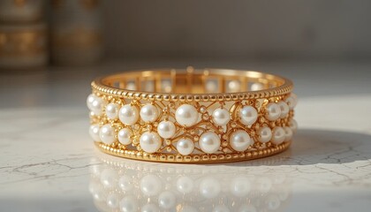 Chic Wide Bracelet Detailed and crafted with gold and pearls