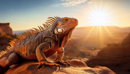 Fototapeta premium An iguana basks on a rocky ledge in a sunlit desert, its textured scales gleaming as warm sunlight highlights every ridge and color of its rugged skin.